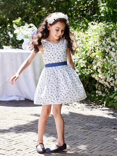 Occasionwear Floral Dress in Plumetis with Belt that Ties on the Back for Girls ecru 