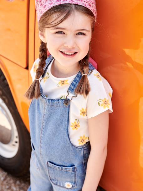 Denim Dungarees with Embroidered Flower Detail for Girls stone 