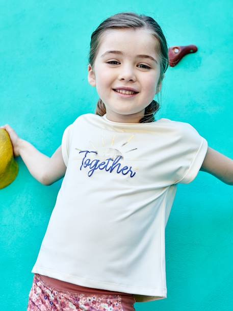Sports Combo: T-Shirt & Cropped Trousers with Iridescent 'sunrise' Motif, for Girls ecru 