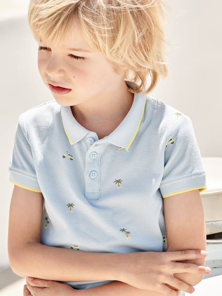 Printed Polo Shirt in Piqué Knit for Boys ecru+printed blue 