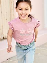 Girls-Tops-T-Shirts-T-Shirt with Iridescent Motif & Short Ruffled Sleeves for Girls