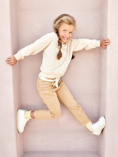 'Mom Fit' Trousers with Scarf Belt in Cotton Gauze for Girls emerald green+mustard+peach+PINK LIGHT SOLID+red 