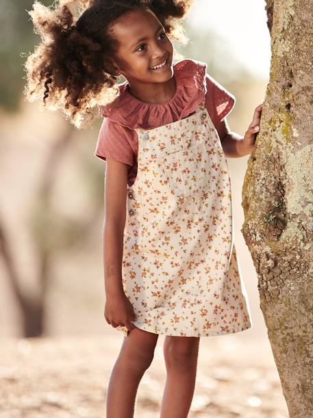 Dungaree Dress with Flowers, Frilly Straps - pearly grey, Girls