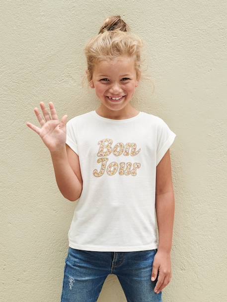 T-Shirt with Message in Flower Motifs for Girls ecru+navy blue+pale yellow+sky blue 