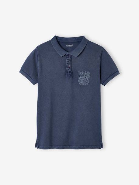 Polo Shirt with 'good vibes' Embroidered on the Chest, for Boys slate blue+terracotta 