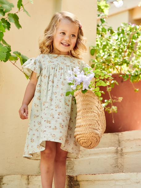 Printed Dress with Butterfly Sleeves, in Cotton Gauze, for Girls aqua green+tomato red 