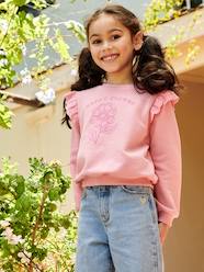 Sweatshirt with Flocked Flower Motif & Broderie Anglaise Ruffles, for Girls