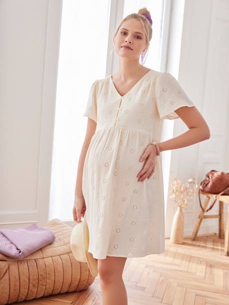 Embroidered Cotton Gauze Dress, Maternity & Nursing Special ecru+terracotta 
