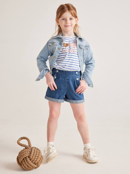 Denim Shorts with Fancy Buttons for Girls BLUE DARK WASCHED 