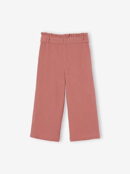 Cropped, Wide Leg Paperbag Trousers in Cotton Gauze for Girls ecru+old rose+sage green 