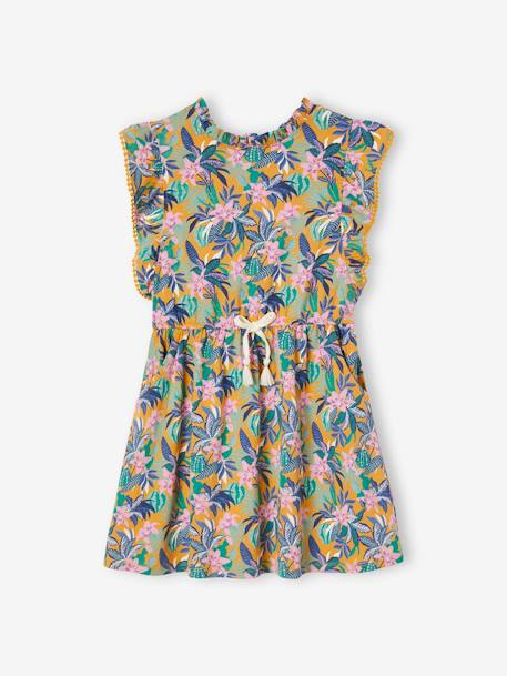 Frilly Dress with Exotic Motifs for Girls mustard 