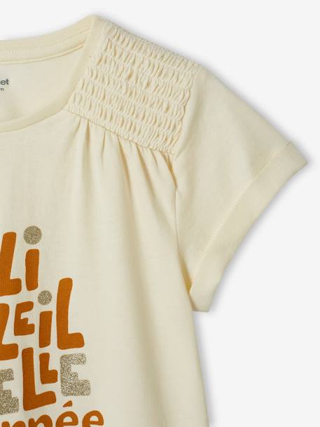 T-Shirt with Iridescent Message & Smocks on the Shoulders, for Girls ecru 