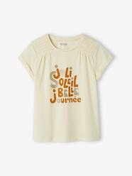 Girls-T-Shirt with Iridescent Message & Smocks on the Shoulders, for Girls