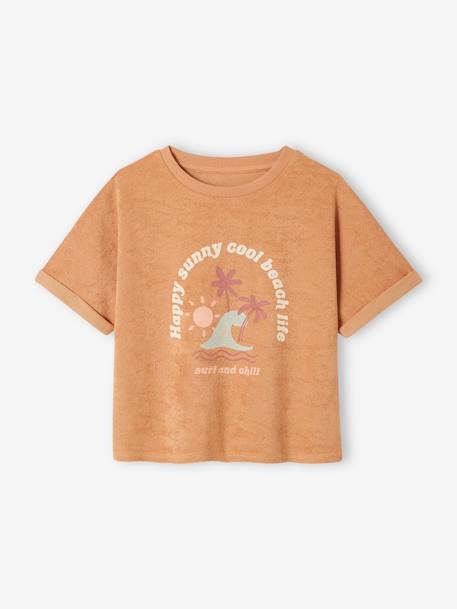 Terry Cloth T-Shirt with Palm Trees Motif for Girls clay beige 