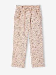Cropped Cotton Gauze Trousers with Floral Print, for Girls