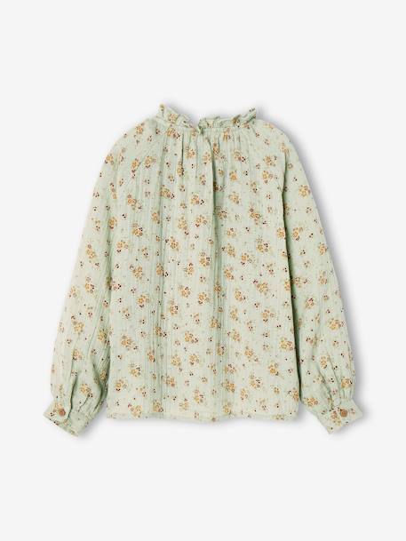 Blouse in Cotton Gauze with Ruffles & Floral Print, for Girls aqua green+ecru+pale pink+tomato red 