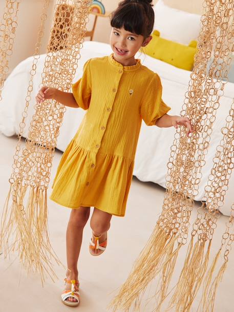 Cotton Gauze Dress with Buttons, 3/4 Sleeves, for Girls blush+mustard 