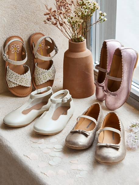 Leather Sandals with Crossover Straps for Girls old rose+white 