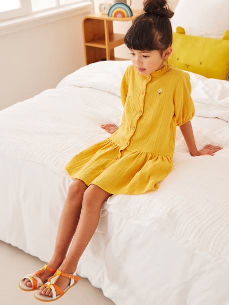 Cotton Gauze Dress with Buttons, 3/4 Sleeves, for Girls blush+mustard 