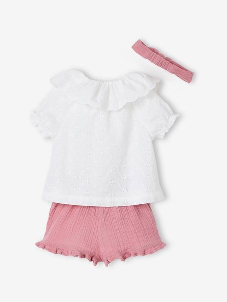 3-Piece Combo, Embroidered Blouse, Cotton Gauze Shorts & Matching Hairband for Babies rose 