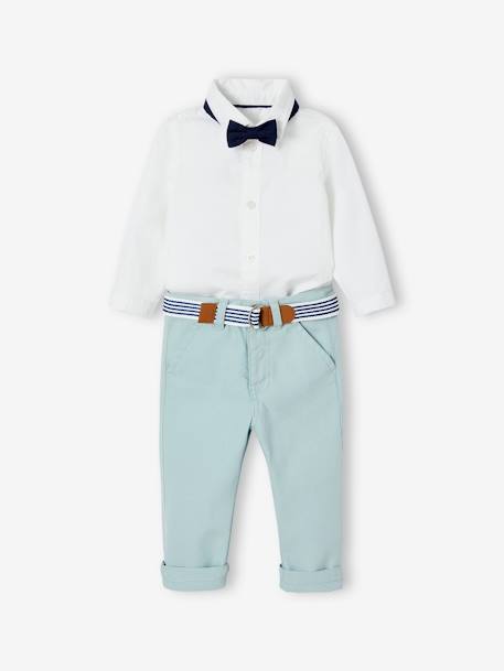 Occasion Wear Outfit: Trousers with Belt, Shirt & Bow Tie for Babies white 