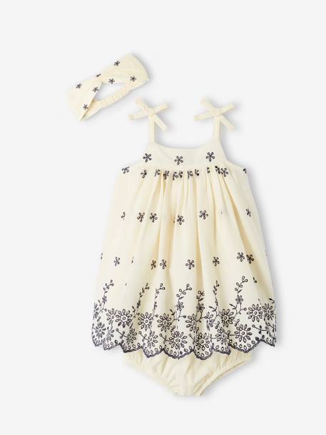 Embroidered Dress, Bloomers & Matching Headband Outfit for Babies ecru 