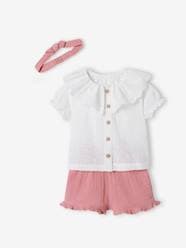 3-Piece Combo, Embroidered Blouse, Cotton Gauze Shorts & Matching Hairband for Babies