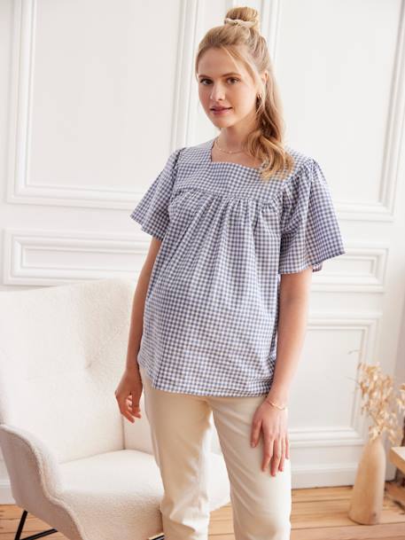 Gingham Blouse for Maternity grey blue 