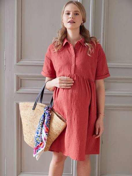 Embroidered Cotton Gauze Shirt Dress, Maternity & Nursing Special tomato red 