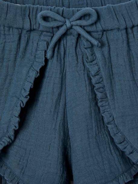 Fancy Ruffled Shorts in Cotton Gauze, for Girls ink blue 