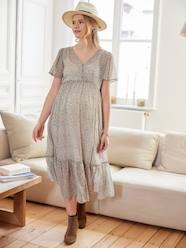 Maternity-Long Frilly Dress in Printed Crêpe, Maternity & Nursing Special