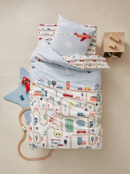 Children's Duvet Cover & Pillowcase Set, Auto City Theme Beige/Print 