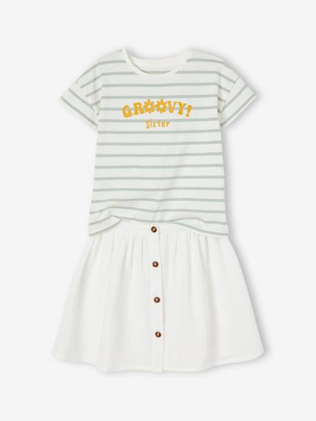 T-Shirt & Skirt Combo in Cotton Gauze, for Girls ecru+terracotta 