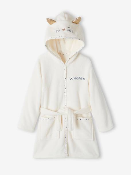 Cat Dressing Gown in Plush Fabric for Girls WHITE LIGHT SOLID WITH DESIGN 