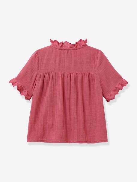 Shirt with Broderie Anglaise for Girls, by CYRILLUS ecru+rose 