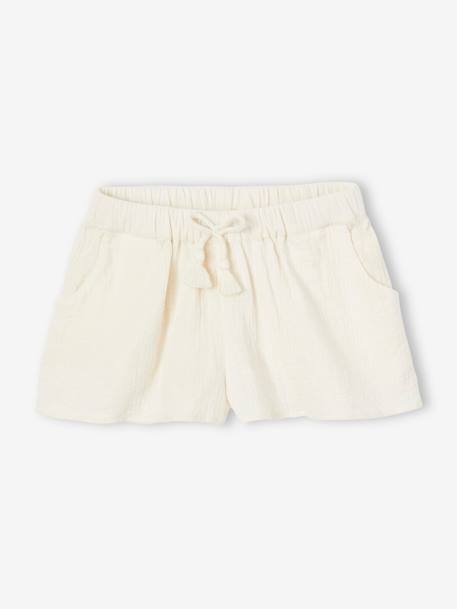 Cotton Gauze Combo: Ruffled Top & Shorts for Girls ecru 