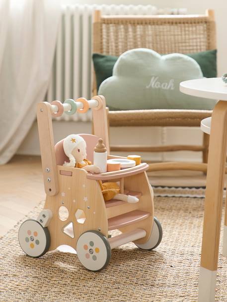 Walker with Seat for Doll, in FSC®100% Wood green+pink 