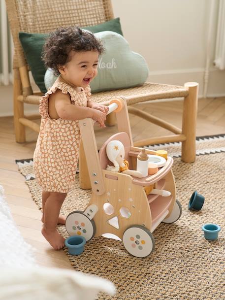 Walker with Seat for Doll, in FSC®100% Wood green+pink 