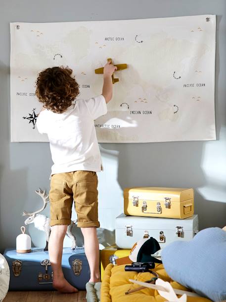 World Map Mural in Fabric BEIGE LIGHT SOLID WITH DESIGN 