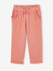 Girls-Trousers-Cropped Cotton Gauze Trousers with Floral Print, for Girls