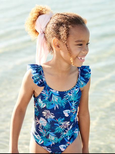 Swimsuit with Tropical Print, for Girls navy blue 