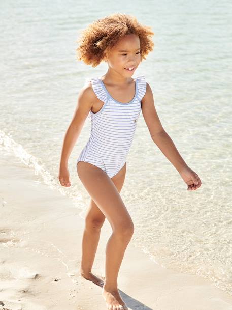 Sailor-Style Swimsuit for Girls striped blue 