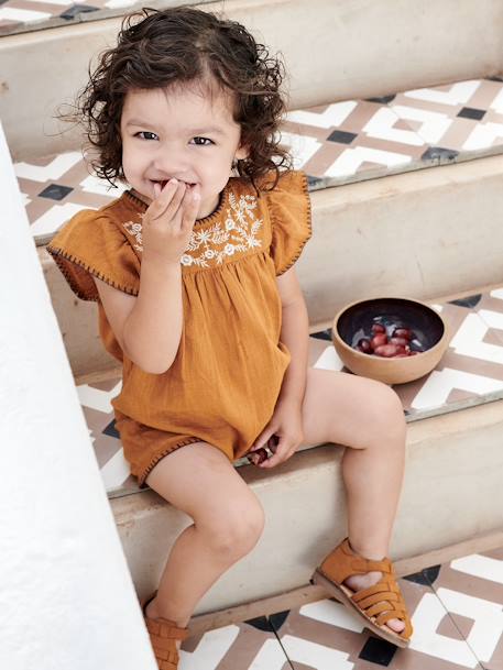 Embroidered Playsuit for Babies caramel 