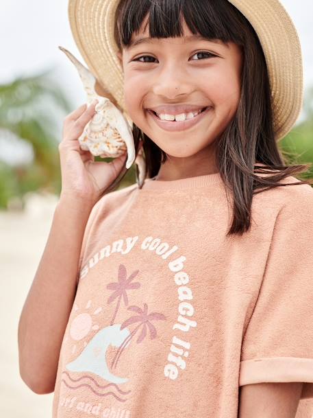 Terry Cloth T-Shirt with Palm Trees Motif for Girls clay beige 