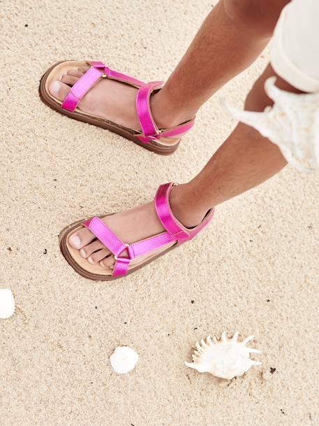 Hook-and-Loop Leather Sandals for Girls fuchsia+lilac 