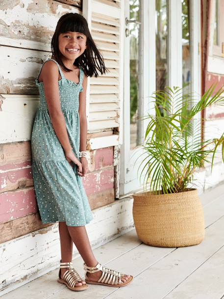 Smocked Strappy Dress, for Girls apricot+emerald green+printed white 