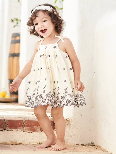 Embroidered Dress, Bloomers & Matching Headband Outfit for Babies ecru 