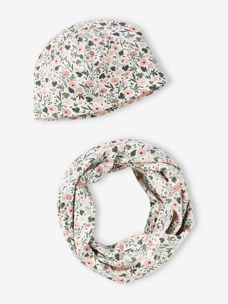 Floral Beanie + Infinity Scarf Set for Girls beige 
