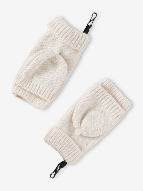 Rib Knit Set: Beanie + Scarf + Mittens/Fingerless Gloves marl beige+old rose 