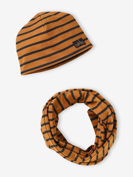 Striped Beanie + Infinity Scarf Set for Boys ochre 
